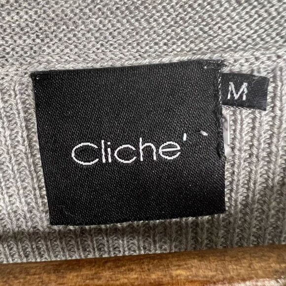 Cliche Gray Ribbed Wool Blend Quarter Tie Sleeve Crew Neck Sweater Top Medium - Picture 4 of 12
